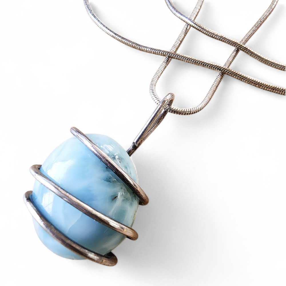 Larimar Pendant Sterling Silver Wire Wrapped Necklace w Solid 925 Snake Chain